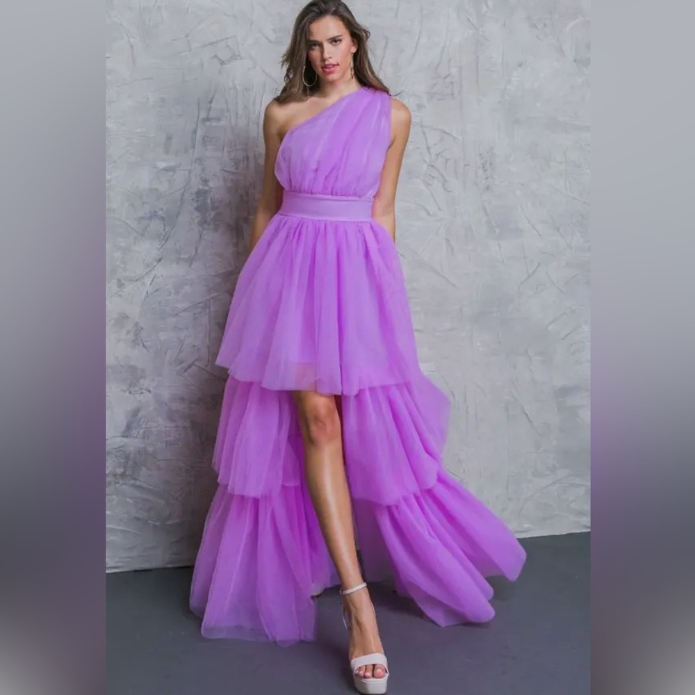 Flying Tomato solid tulle maxi dress hi low